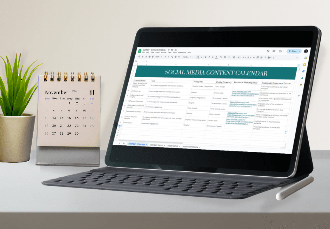 A laptop displaying a social media content calendar